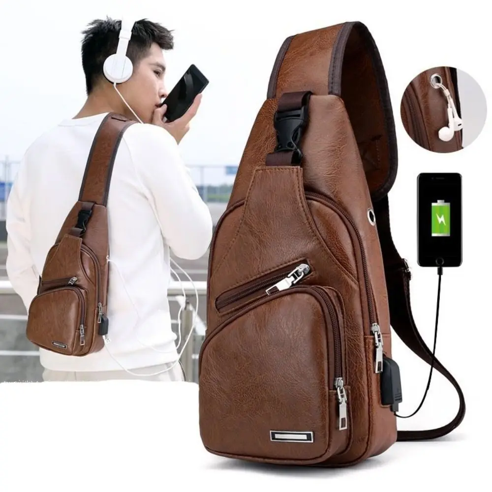 Outdoor Travel Anti-theft Shoulder Strap Chest Bag with Headset Hole USB Charging Men's Sling Bag Crossbody Bag