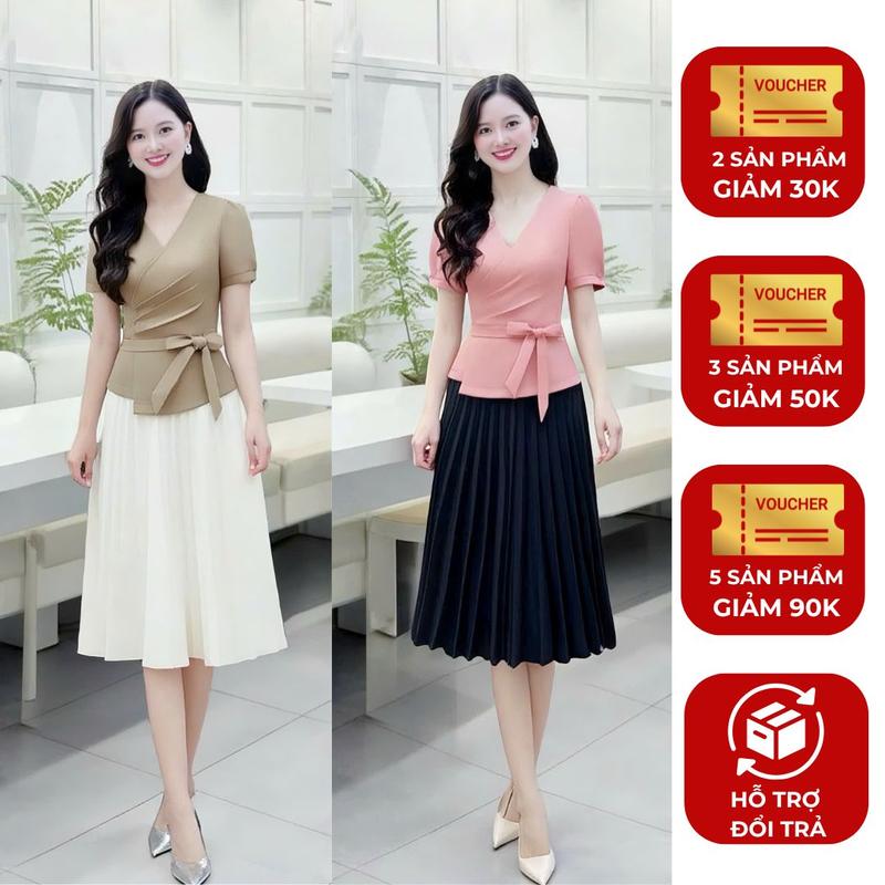  Áo LẺ nữ  KHÔNG KÈM VÁY  thiết kế Nhật Vy peplum cổ V Basic Kiểu dáng tay ngắn cột nơ eo chất lụa mềm mại bigsize công sở văn phòng dự tiệc màu nâu đen hồng - D3496 