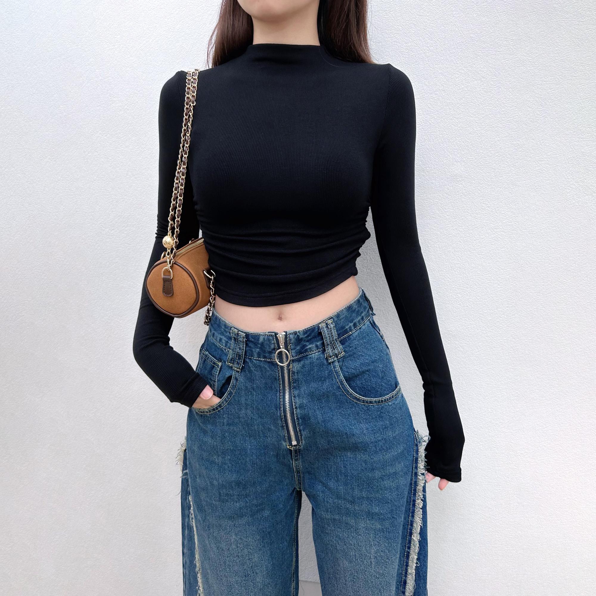 [Premium] Atasan wanita dasar dengan kerah setengah tinggi dan lengan panjang/Kaos wanita lengan panjang yang memperlihatkan pusar