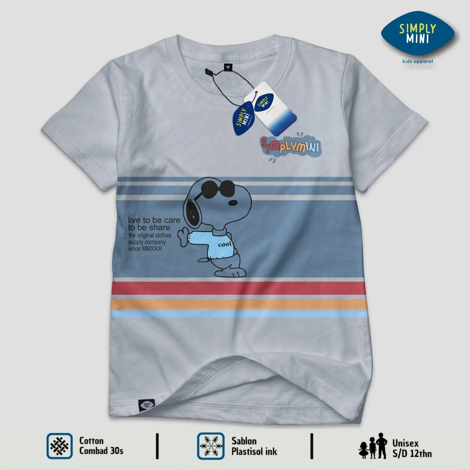 Simplymini 009 Atasan Kaos Anak Laki Laki Lengan Pendek Sablon Depan Stripes Series Warna Abu