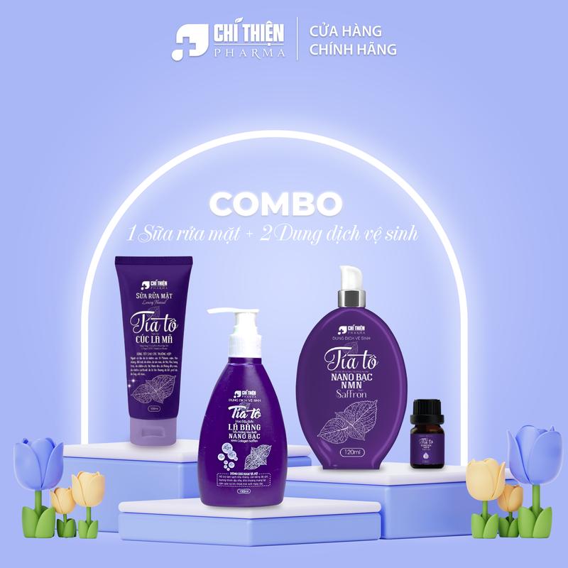 [Combo 4 SP - che tên] 2 chai Dung dịch vệ sinh tía tô hoa đậu biếc Lá bàng trầu không hoa bưởi Nano bạc NMN collagen Saffron ladycare tặng nước hoa+ Sữa rửa mặt Tía tô cúc la mã  - Dùng được cho cả Nam và Nữ