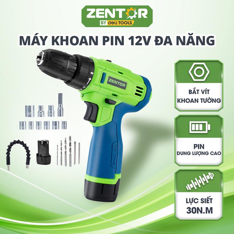 Máy Khoan Pin, Máy Bắn Vít Công Suất Lớn Zentor 2 Pin 12V - Khoan Gỗ, Bắt Vít, Tháo Vít Đa Chức Năng