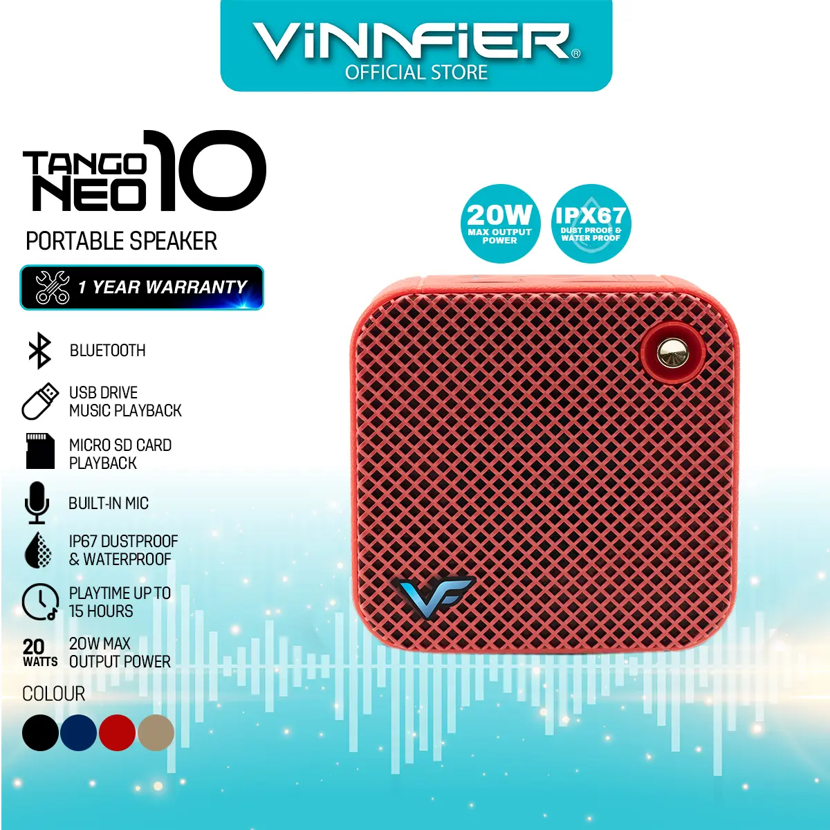 VINNFIER TANGO NEO 10 TWS Lightweight Waterproof Portable Speaker with Hanging & Strap Design Built-in Mic Audio Bluetooth Rechargeable Card Radio Usb Wireless Cable Charging Smartphone