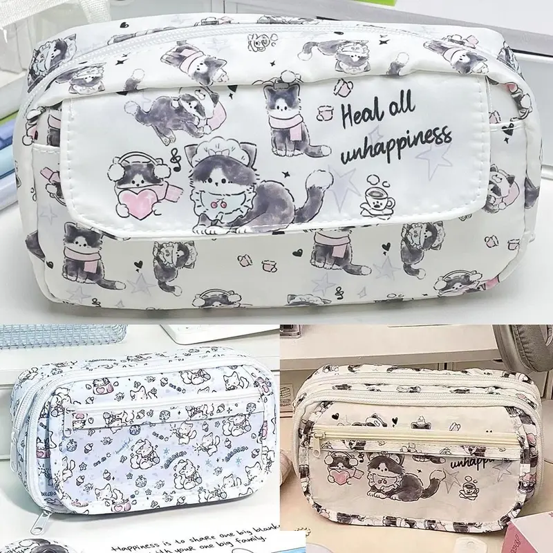 Túi Đựng Bút Hình Mèo, Thiết Kế Hoạt Hình Dễ Thương, Ba Lớp, Chống Bụi Bẩn, Hộp Đựng Bút Chì, Dung Tích Lưu Trữ Lớn, Thích Hợp Cho Học Sinh 0