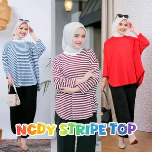 NCDY Kaos stripe oversize kaos salur cottton combed 24s Atasan Wanita Tangan Panjang Fit Motif Nyaman Katun Hitam Polos