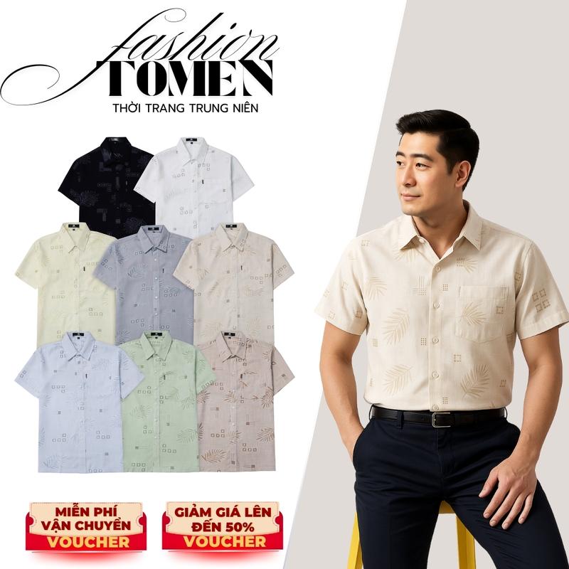(GỘP) Áo Sơ Mi nam trung niên Ngắn tay vải đũi họa tiết CHIẾC LÁ, DẤU ẤN, DẤU THẬP, CÂY DỪA VẠT NGANG có túi mềm mịn, mát, không nhăn.