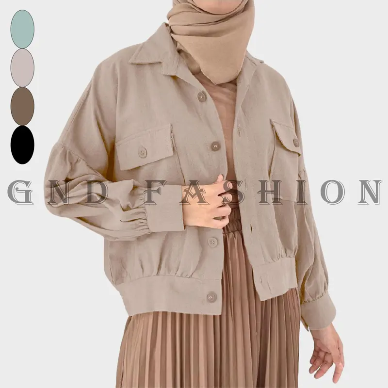 GNDFashion Atasan Baju Wanita Kemeja Saku Kancing Outher Crop Lengan Panjang Poli Linen - Casual Katun 3