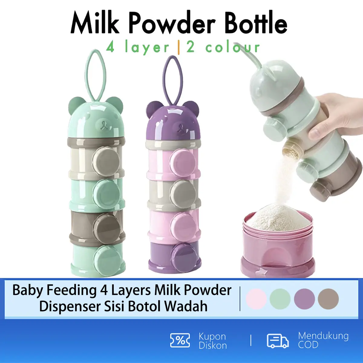 （COD) Baby Feeding 4 Layers Milk Powder Dispenser Sisi Botol Wadah Penyimpanan Terbuka Desain Kartun Lucu Dispenser Makanan Baby Newborn Infant Toddler Girls Boys