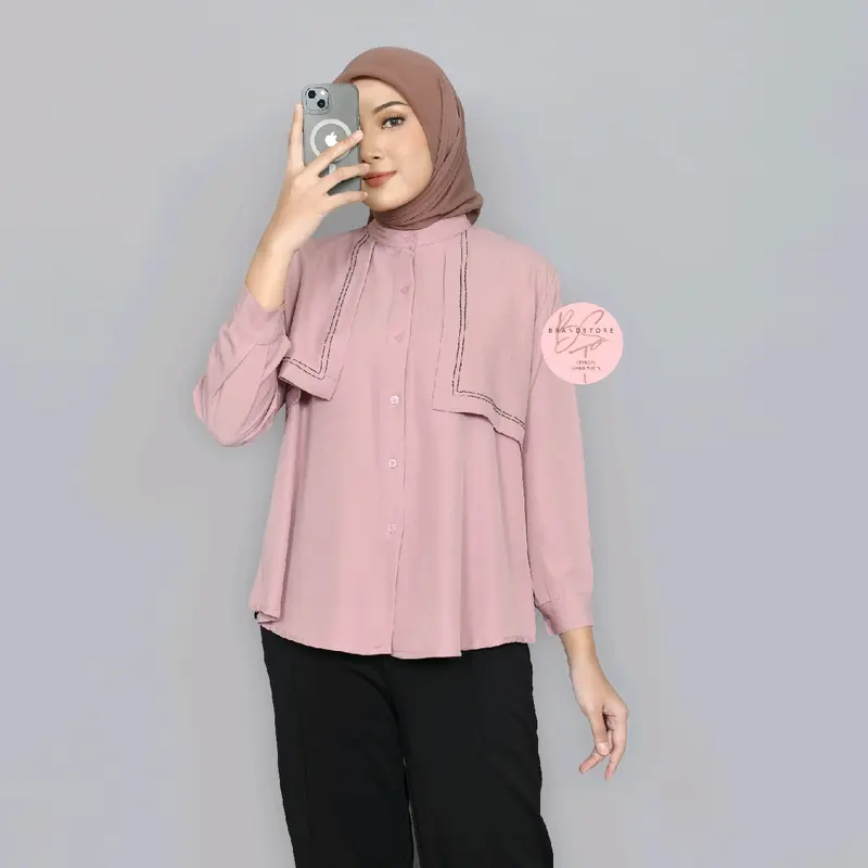 Brandstore - TRIANA Blouse New Layer Kemeja Shakila Botega Polos Shirt Kekinian Baju Panjang Wanita Atasan Katun Casual Cewek Dewasa viral vintage Oversize blouse 8