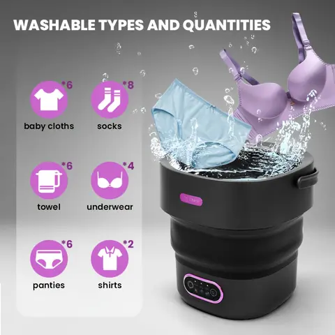 Máy giặt gấp gọn 15 lít (khoảng 4 gallon), thiết kế tiện lợi, phù hợp giặt đồ lót và vớ. Ngoại hình màu đen được xử lý bằng công nghệ phun sơn nâng cấp, bề mặt có vân nổi, không dễ biến dạng, mịn màng và dễ vệ sinh.