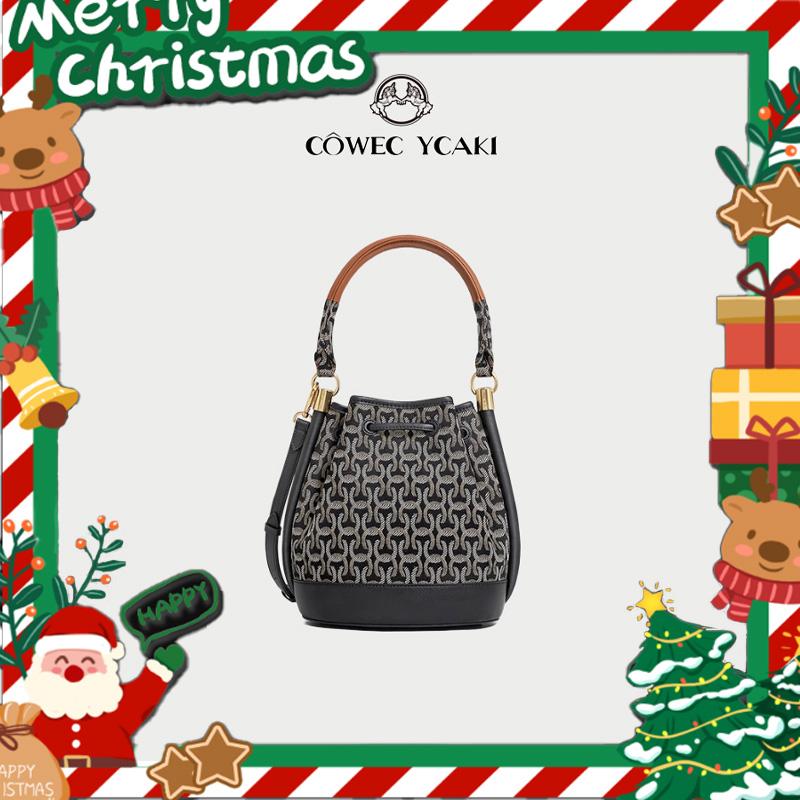 COWEC YCAKI กระเป๋าถือไหล่เดียว แฟชั่น CYWE ความจุมาก กระเป๋าถัง Jacquard สีดำ วัสดุผ้าสีดำ Jacquard