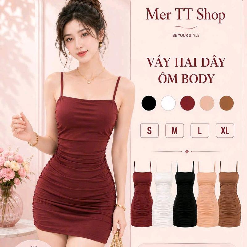 ĐẦM 2 DÂY body thun lụa hàn nhún eo nữ ôm gọn tôn dáng Voi Women Dress Kem Đen (D2)
