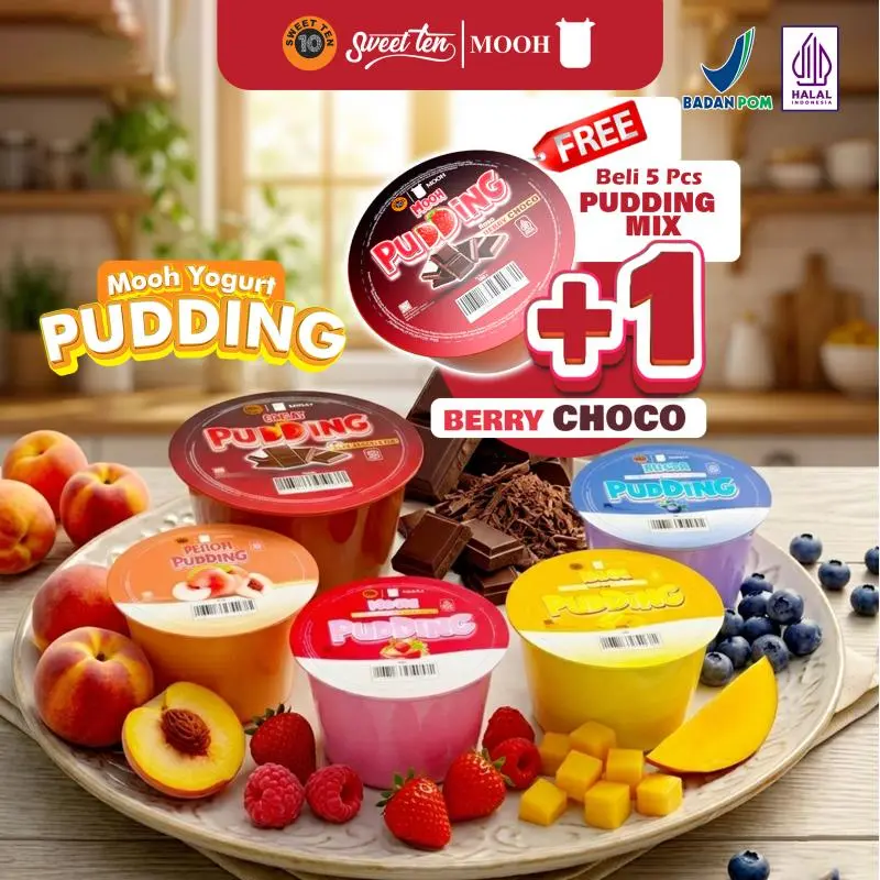 ［SWEET TEN］MOOH PUDING (beli 5 gratis 1) Halal 120g dengan NATA varian rasa buah fresh sajian dessert manis, PUDING MIX best seller tekstur kenyal, dessert murah, jelly puding jiggly enak, camilan bernutrisi rasa stroberi, blueberry, mangga, chocoberry