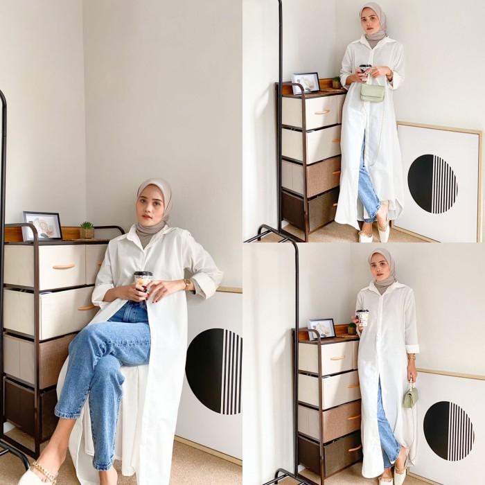 Shirt Dress Muslimah/Dress Kemeja Panjang/maxi Dress Polos kasual - denim blue, One Size 2