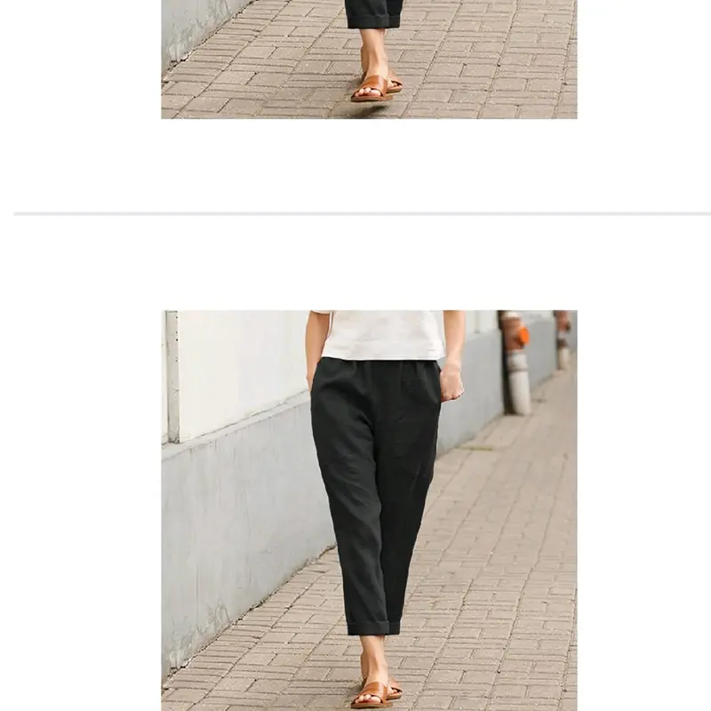 celana 7/8 santai bahan katun linen impor,pinggang karet celanakulot Coklat Kaki Coklat Kaki baju  harian Abu Putih Wanita Hitam Biru 4