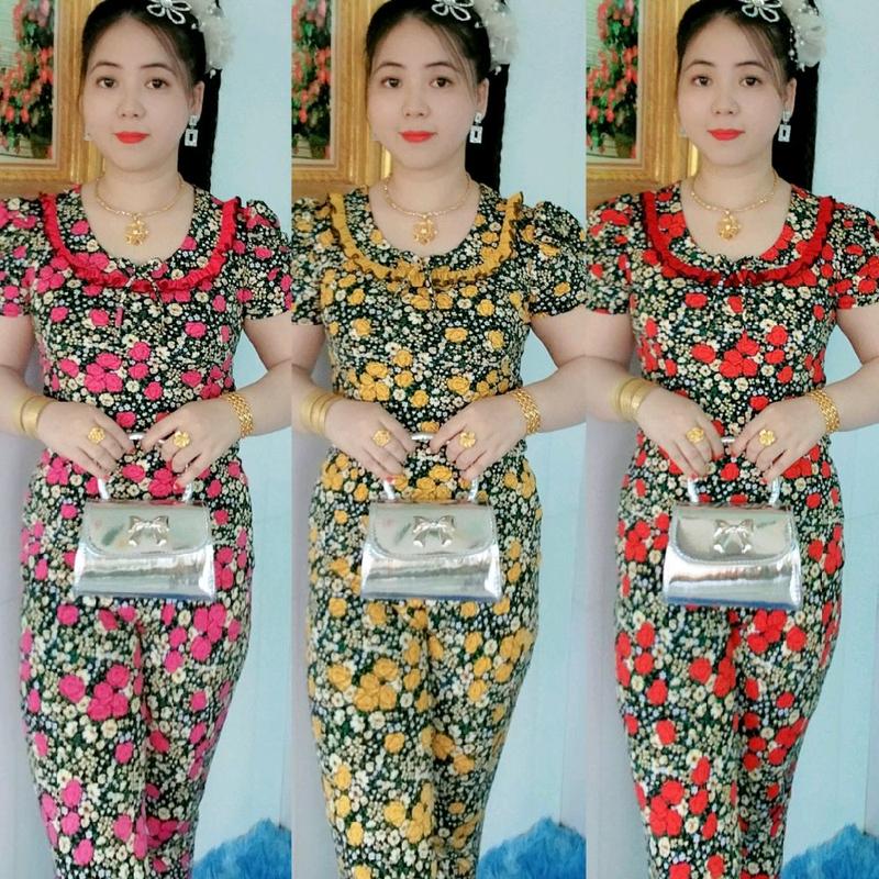  bộ thun ati nền hoa cổ tròn bèo màu có tay phồng size 1234 40-68kg Quần dài ống ôm 