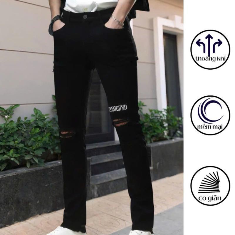 QJD86 Quần jean nam đen rách gối có lớp lót chữ thêu co giãn nhẹ.Quần bò nam màu đen phong cách thời trang rẻ đẹp