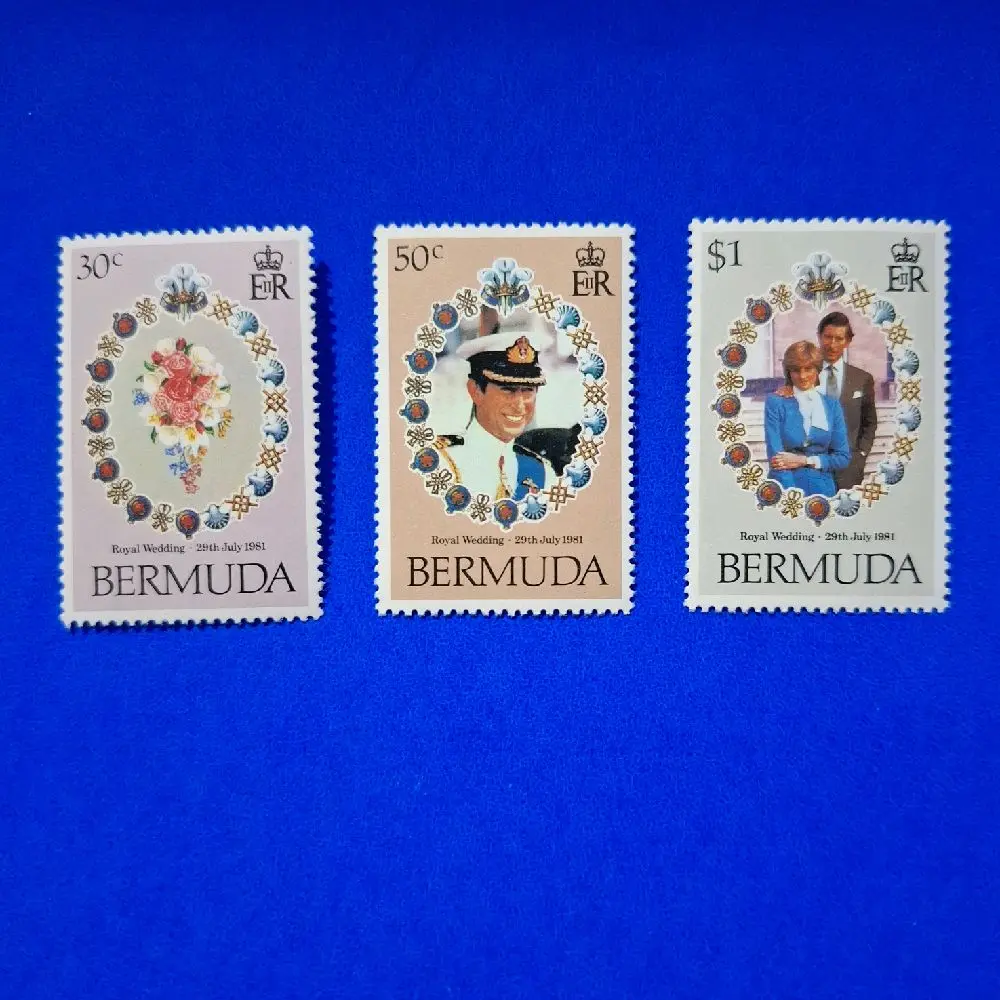 Prangko LADY DIANA & PANGERAN CHARLES. ROYAL WEDDING • 29th JULY 1981 dari BERMUDA. Set lengkap (3v)