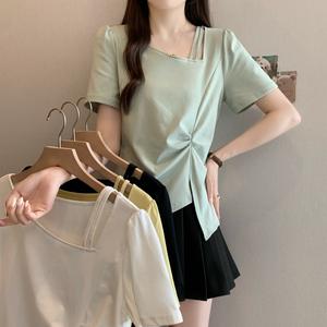 Pakaian Musim Panas, Baju-T Bahu Biasa, Rekaan Cantik, Berlipat Tidak Teratur, Kolar Serong, Berongga Keluar, Sesuai untuk Bersaiz Besar, 64718