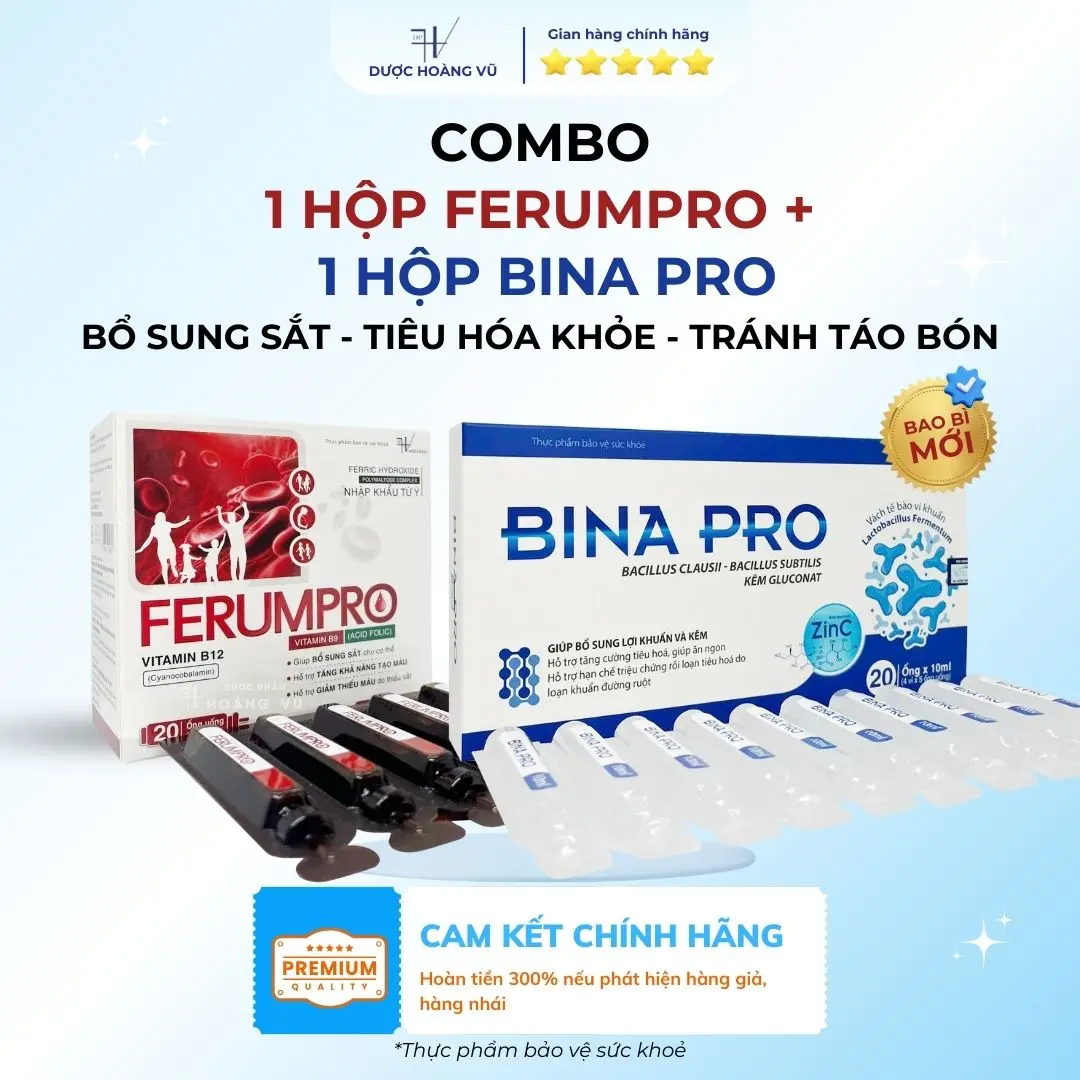 [DHV] Combo bổ sung sắt, tiêu hoá khoẻ, tránh táo bón FERUMPRO + BINA PRO | Bổ sung sắt và men vi sinh hỗ trợ mẹ khỏe, bé tiêu hóa tốt, tăng cường miễn dịch