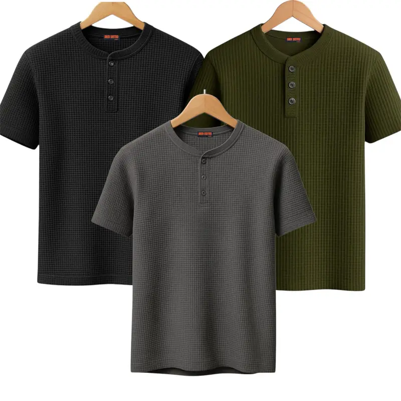 Paket 3 Pcs Kaos Pria Polos Waffle Kancing Shanghai Santai Crew Neck - Baju, Pendek 0