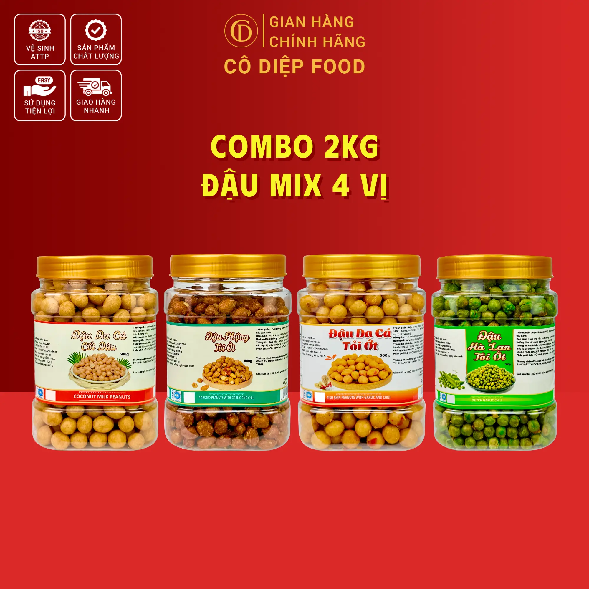 Combo 2KG Đậu Mix 4 Vị [500Gr Đậu Phộng Tỏi Ớt + 500Gr Đậu Phộng Cốt Dừa + 500Gr Đậu Hà Lan Tỏi + 500Gr Đậu Phộng Da Cá Tỏi Ớt] Thơm Ngon [ CÔ DIỆP FOOD] Snack Ăn Vặt