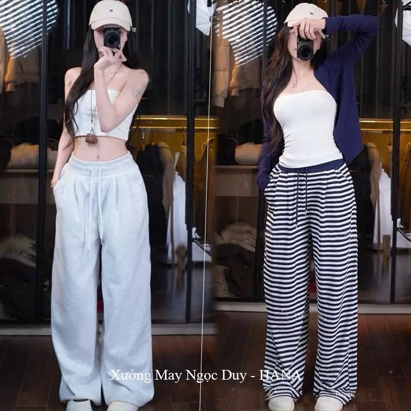 DEAL SOCK - HÀNG ĐẸP L1 Quần Ống Rộng Nỉ Cạp Bản To Co Giãn Có Túi Dây Rút Vải Vải 2 Da Dày Mịn Nâng Hông Nữ M50 M55 M60 M65 M70 Mặc Đi Học Làm Công Sỏ Thể Thao Tôn Dáng