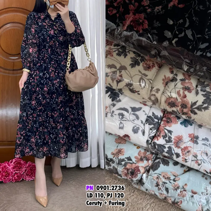 F708 Midi Dress Oriza Motif Kekinian 0