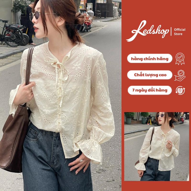 Red Shop Áo Sơ Mi Kiểu Nữ 308008 Chất Liệu Ren Thêu Hoa Nổi Tay Bèo Cột Nơ Phong Cách Hàn Quốc Sang Trọng Độc Đáo