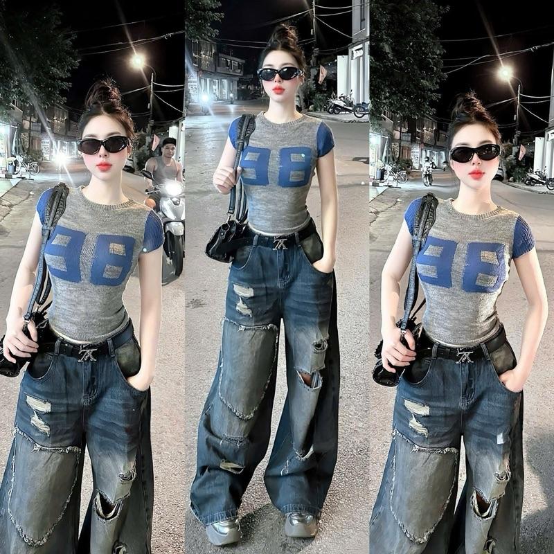 S-2XL Quần Jeans Suông Nữ Lưng Cao Kiểu Tông màu xanh đậm bụi chất jean mềm không giản. 5830