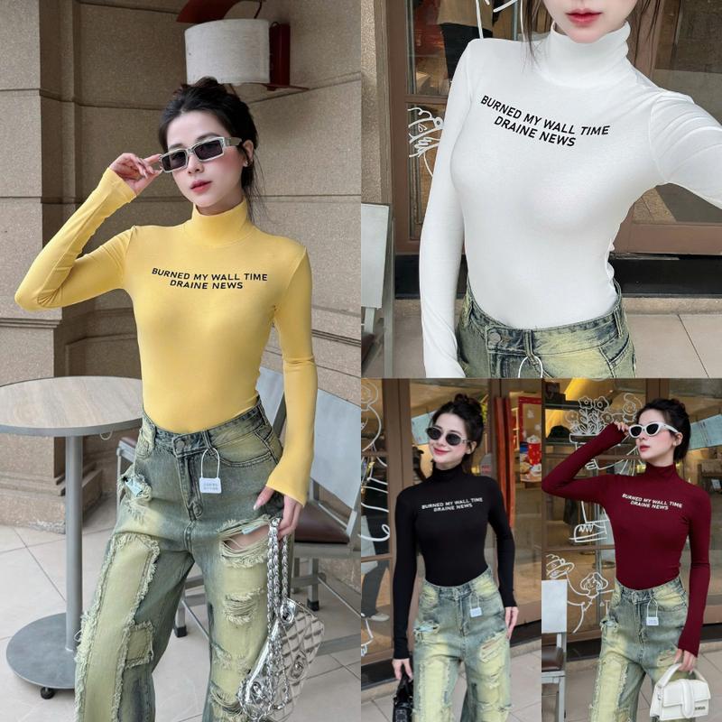   DEAL MỞ BÁN  Áo Thun Zip Dài Tay Dáng Ngắn Cổ Lọ Phối Chữ Ôm Fit Body Tôn Dáng - Áo Giữ Nhiệt CL09 