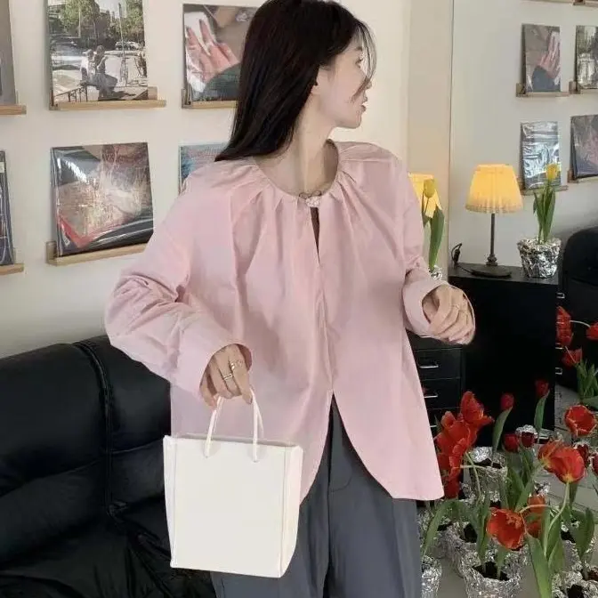 Áo Cánh Cổ Tròn Thường Ngày Thời Trang Nữ Hàn Quốc, Phong Cách Cổ Điển Dáng Rộng Vừa Vặn, Dài Tay, Hàng Có Sẵn