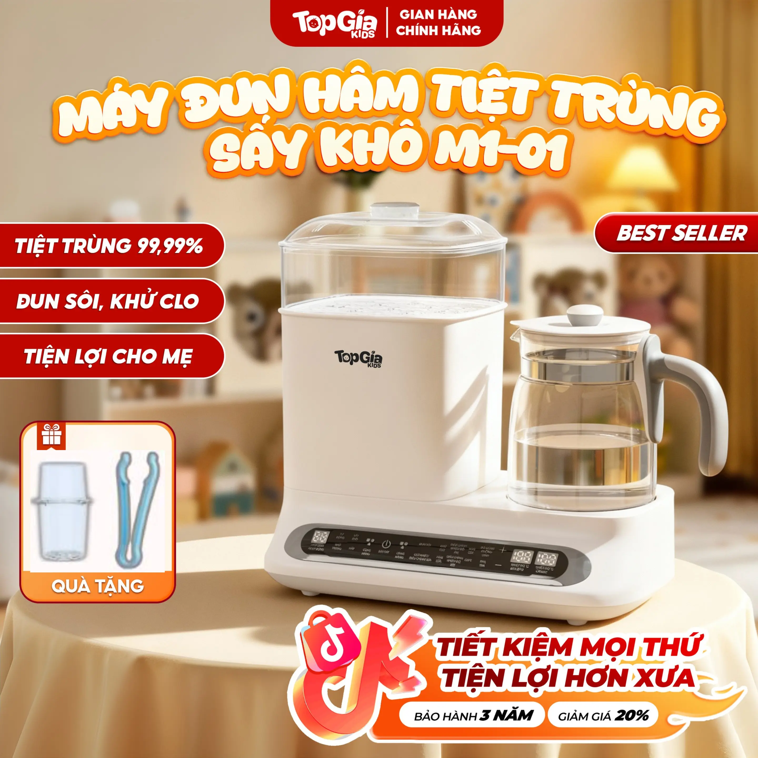 (TIỆT TRÙNG 99,99% - TÍCH HỢP 10IN1) Máy Tiệt Trùng Đun Hâm Pha Sữa Sấy Khô M1-01 Cao Cấp TOPGIAKIDS, Đun Sôi Khử Clo, Đúng Nhiệt Độ Cài Đặt, 14 Chức Năng Cho Bé (TẶNG GIỎ HÂM, KẸP GẮP), Bảo Hành 3 Năm, Lỗi 1 Đổi 1 30 Ngày (665)