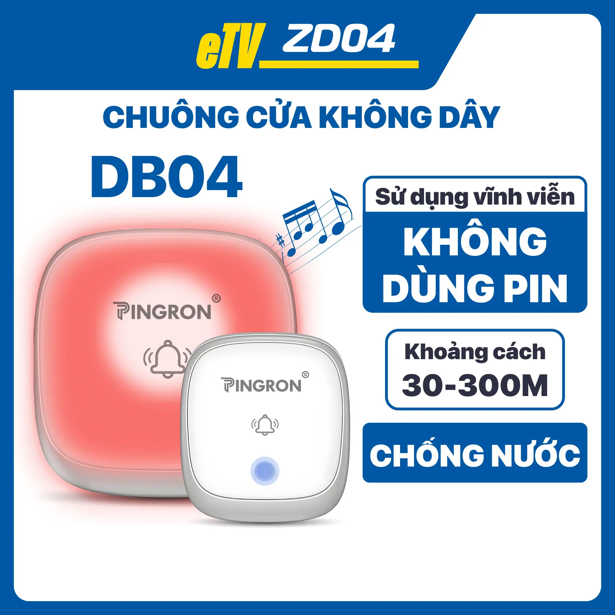 Chuông cửa không dây, chuông báo khách không dây Pingron DB04 nút nhấn không dùng pin, có khả năng chống nước tốt chuông  cửa