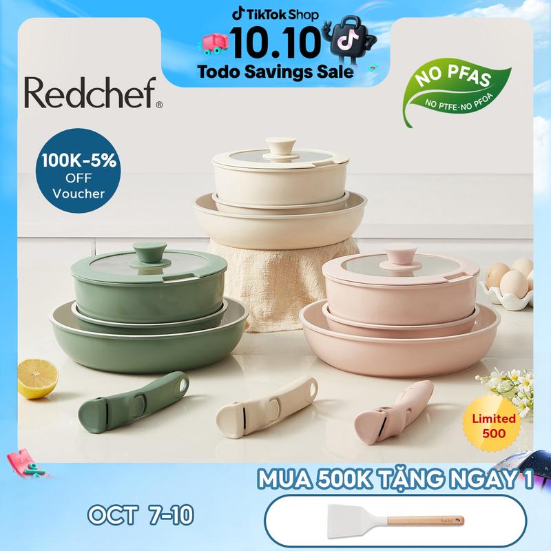 Redchef Bộ 5 Nồi Chảo Chống Dính Tay Cầm Tháo Rời Không Chứa PFAS PTFE PFOA Phù Hợp Mọi Loại Bếp