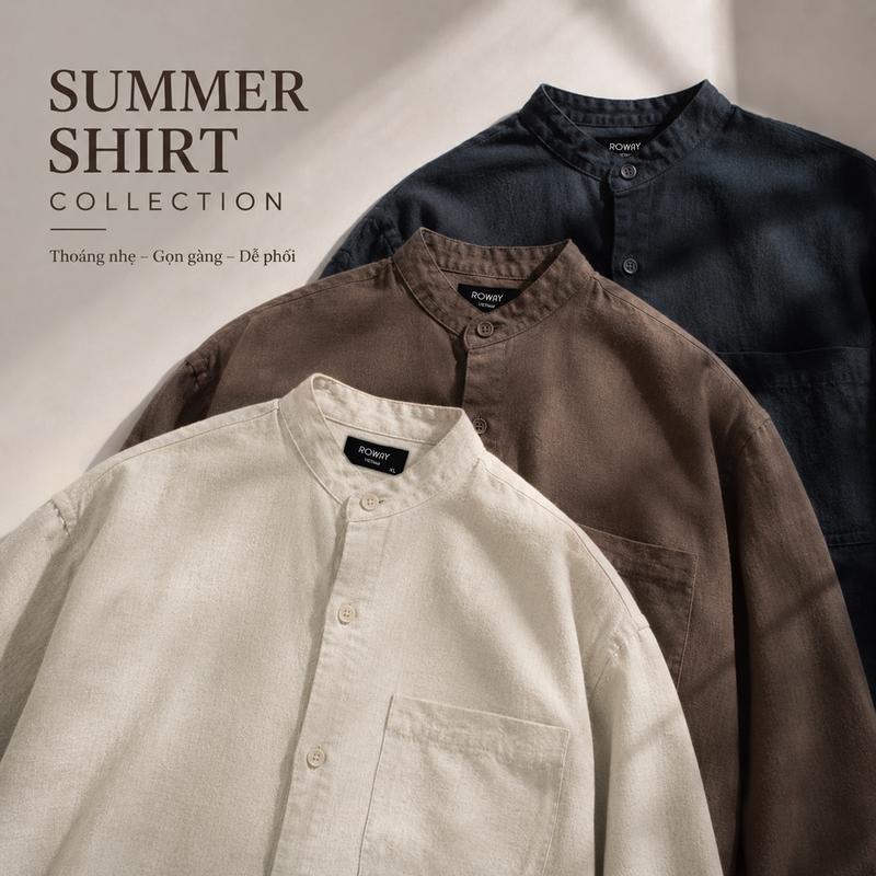 [MỞ BÁN] Áo sơ mi nam ROWAY PREMIUM vải cotton linen | dài tay cổ trụ ver2