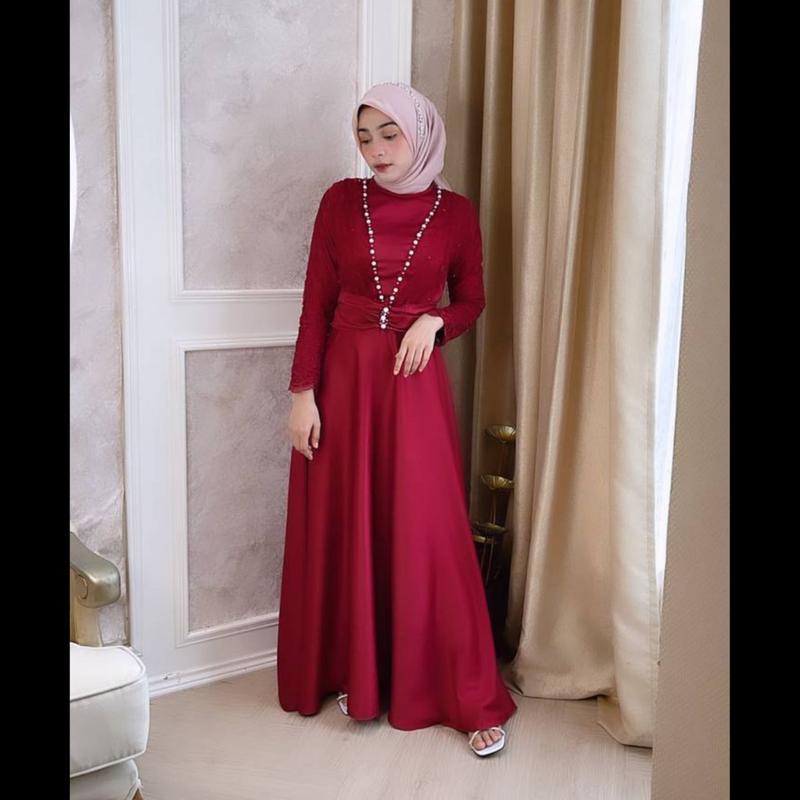 Amirah Dress Gamis Pesta Lebaran 2025 Wanita Kondangan Muslim Remaja Dewasa Mewah Maxi Satin Seragaman Simple Mutiara Gaun Rok Mayung 2