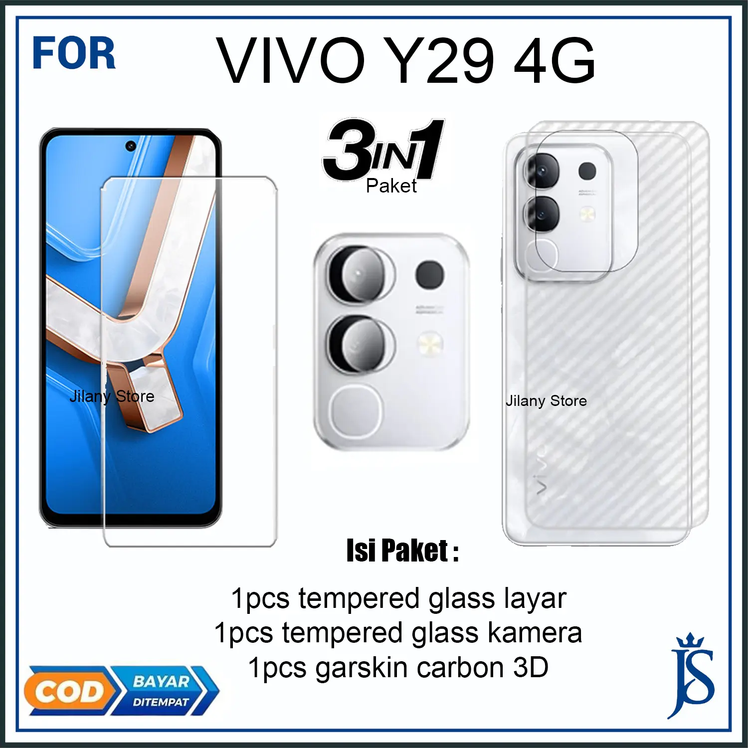 Paket 3IN1 Tempered Glass Untuk Vivo Y29 4g Free Tg Camera + Garskin Karbon