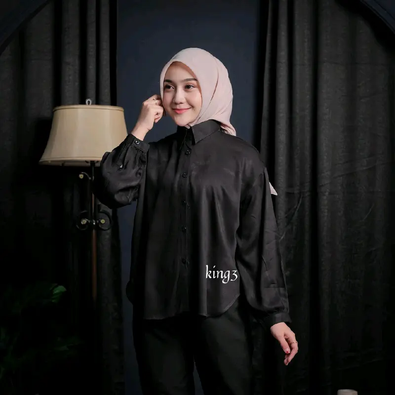 Kemeja wanita rayon premium oversize lengan kerut -  baju Atasan cewek berhijab simple elegan - kemeja lengan Panjang 4