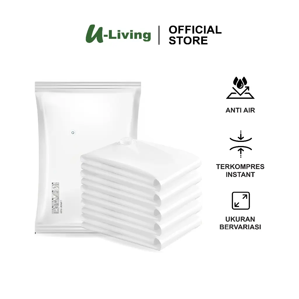 U-Living Plastik Vacuum Kantong  Penyimpanan Pakaian Travel Transparan Putih Anti-air Dipakai Berulang Klip Plastic