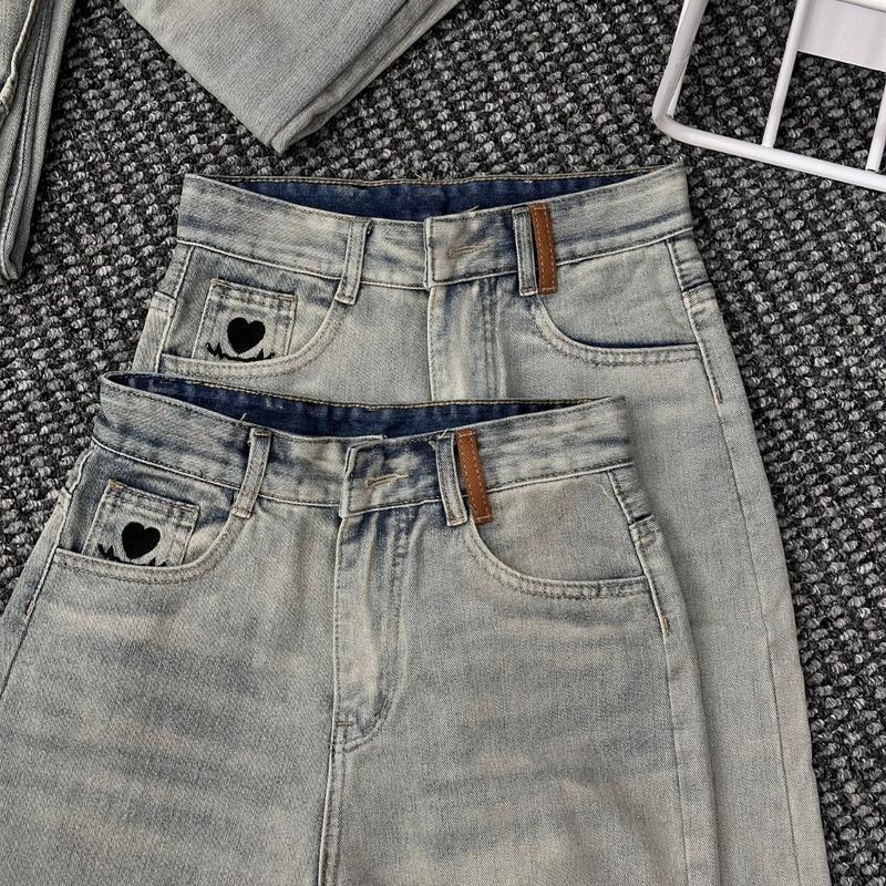 [ZINLY SHOP] Quần Jean Nữ Ống Suông Cạp Cao Màu Nhạt Túi Thêu Phối Dây Săn Nâu Lai Cuốn Vải Cotton Mềm Mát Không Co Giãn Q402 2