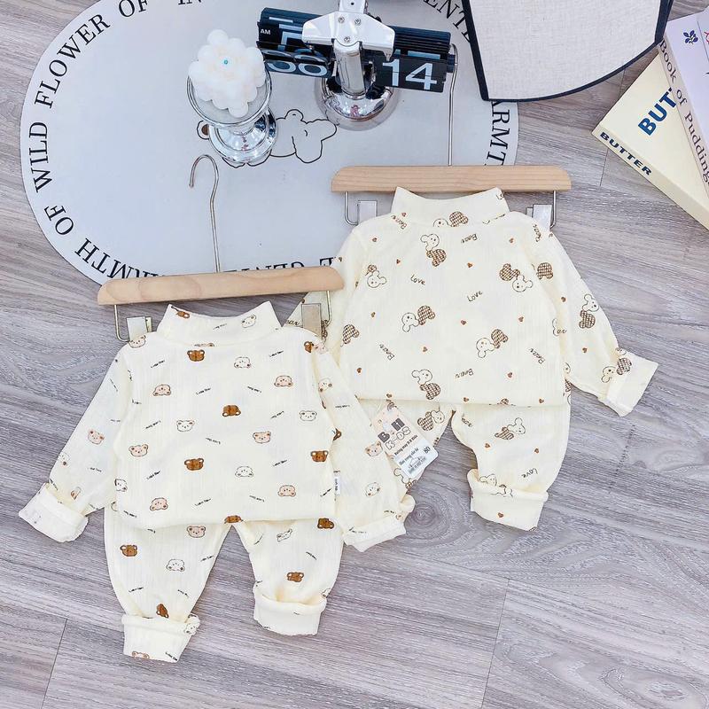 Bộ quần áo dài tay thu đông ấm cổ cao chất liệu len tăm họa tiết in kín cho bé trai bé gái size 6-16kg