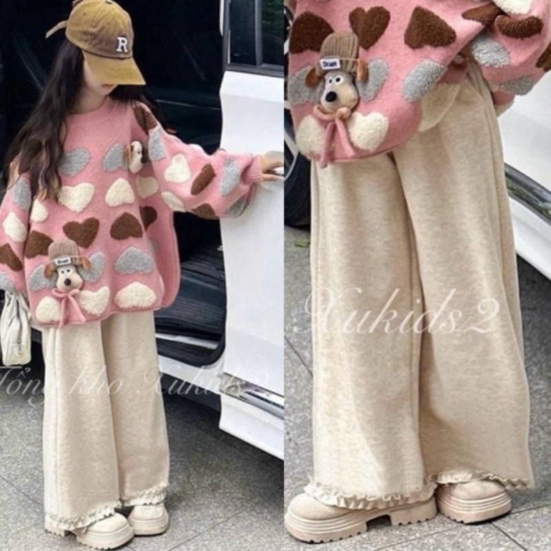   Quần len tăm lông thỏ  mềm mịn ấm thiết kế dáng suông gấu bèo cho bé gái 9-45kg 