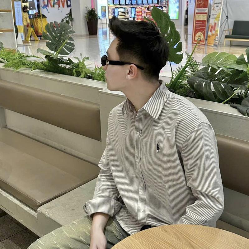 Áo Sơ Mi Nam Vải cotton thêu logo vải xọc xanh xám ,Ảnh Tự Chụp form đứng Sang Trọng Qúy Phái. Menswear Nam Shirt Có Cổ