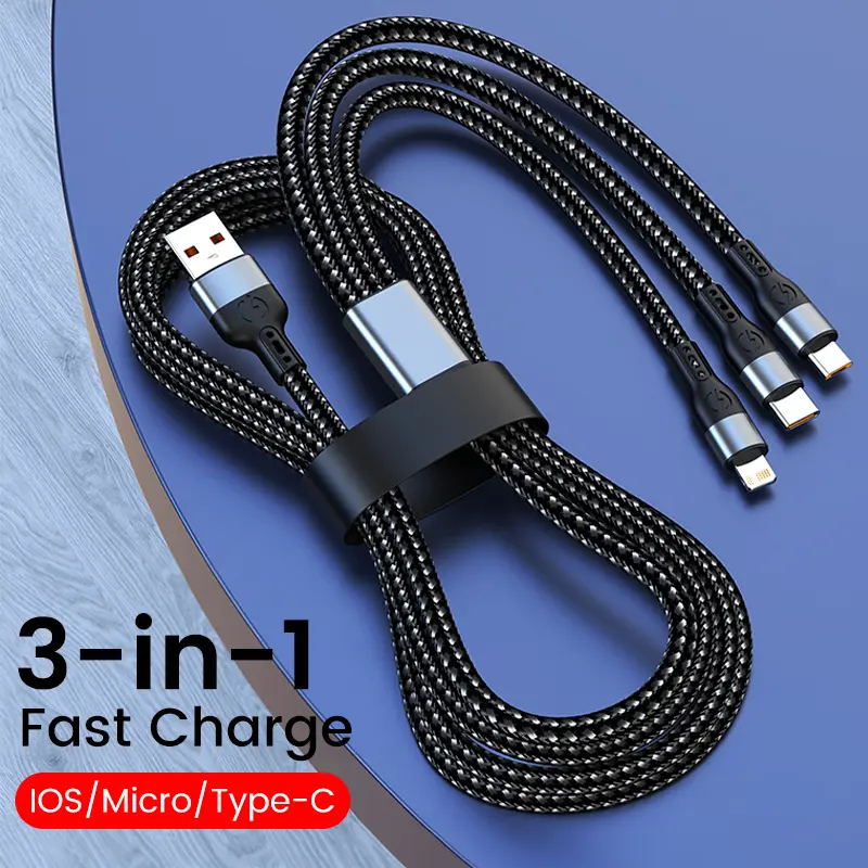 Cáp sạc nhanh đa năng, 3 trong 1, dành cho iPhone 14 13, Xiaomi và Huawei Honor, Điện thoại di động, Dây Nylon, Dây sạc nhiều cổng