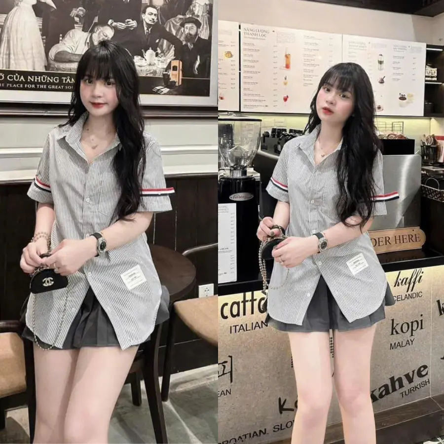Áo sơ mi ngắn tay nam nữ hoạ tiết kẻ vạch thời trang mặc đi học đi chơi