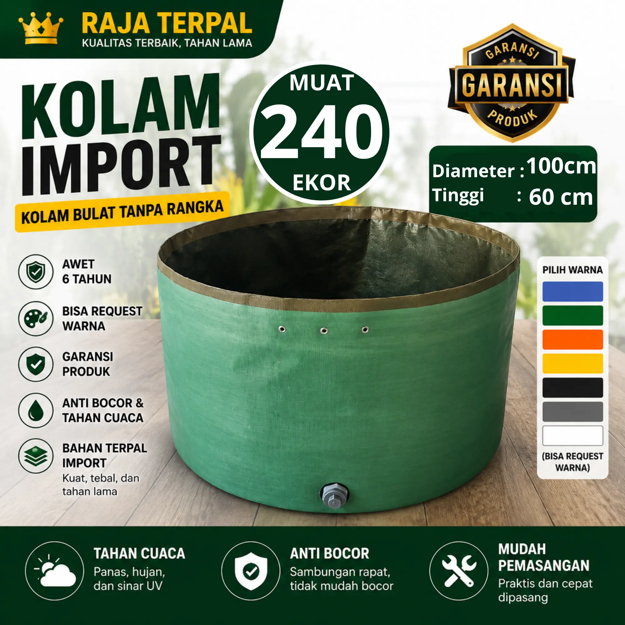 Kolam Terpal Bulat SIAP PAKAI D100-T60 / Diameter 100 cm Tinggi 60 cm Bisa berdiri tanpa rangka Untuk Budidaya Ikan
