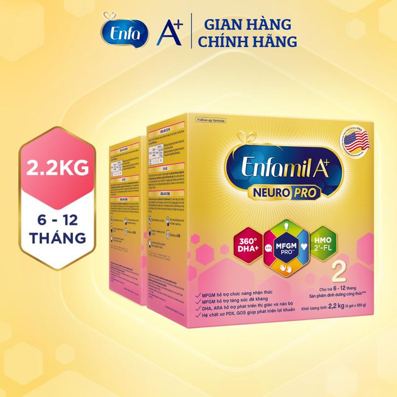 Bộ 2 lon sữa bột Enfamil A+ Neuropro 2 với DHA giúp phát triển não bộ cho trẻ từ 6 –12 tháng tuổi – 2.2kg/ hộp