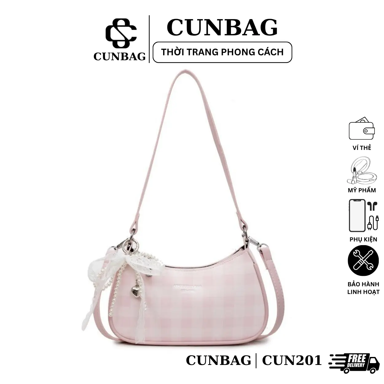 [Tặng Nơ Ngọc] Túi Xách Nữ Đeo Chéo Đeo Vai Kẻ Caro Kèm Charm Nơ Tym Ngọc Dễ Thương CUN201