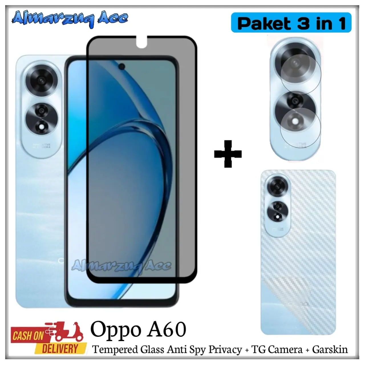 Paket 3 in 1 Oppo A60 Tempered Glass Layar + Anti Gores Camera + Garskin